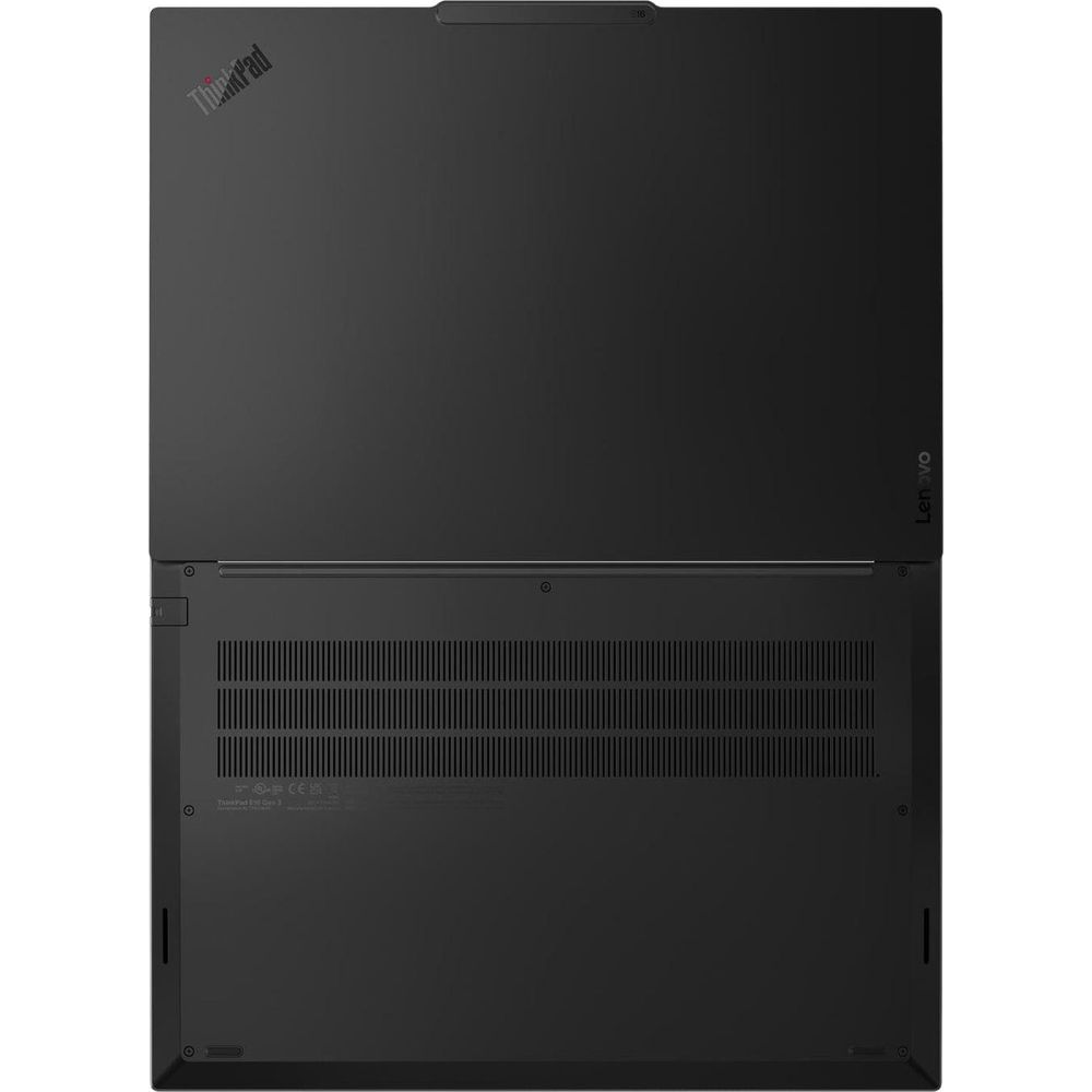 Ober- und Unterseite eines geschlossenen schwarzen ThinkPad-Laptops mit Logos.