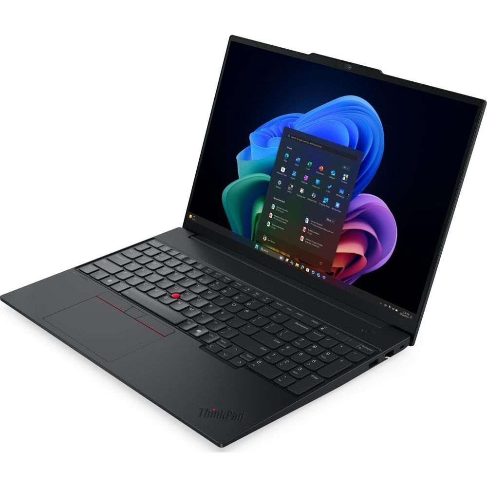 Ein schwarzer ThinkPad Laptop mit offenem Bildschirm zeigt ein blaues Hintergrundbild und geöffnete Menüs.