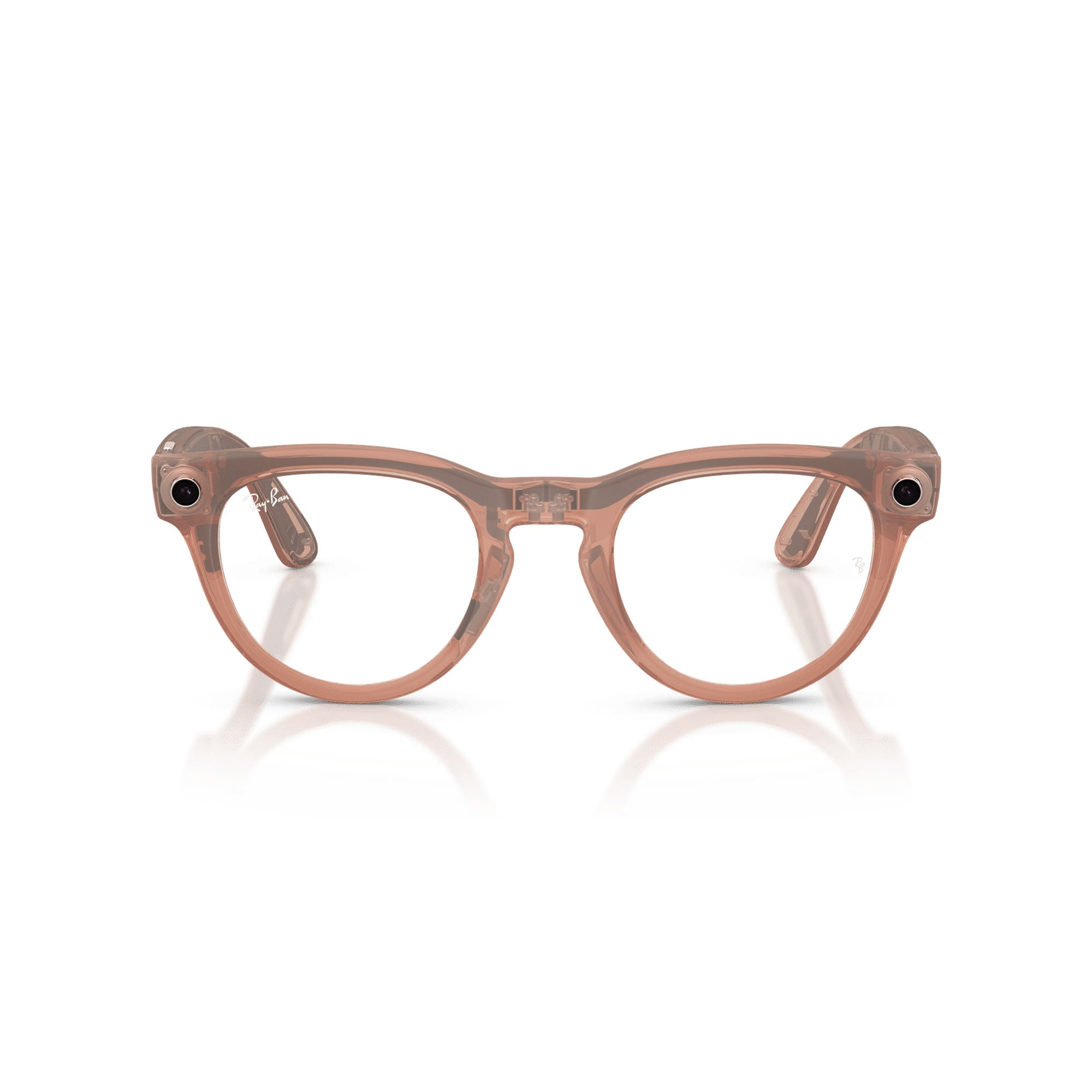 Şeffaf pembe Ray-Ban akıllı gözlük, net camlar ve her iki köşede entegre kameralar, beyaz arka planda.