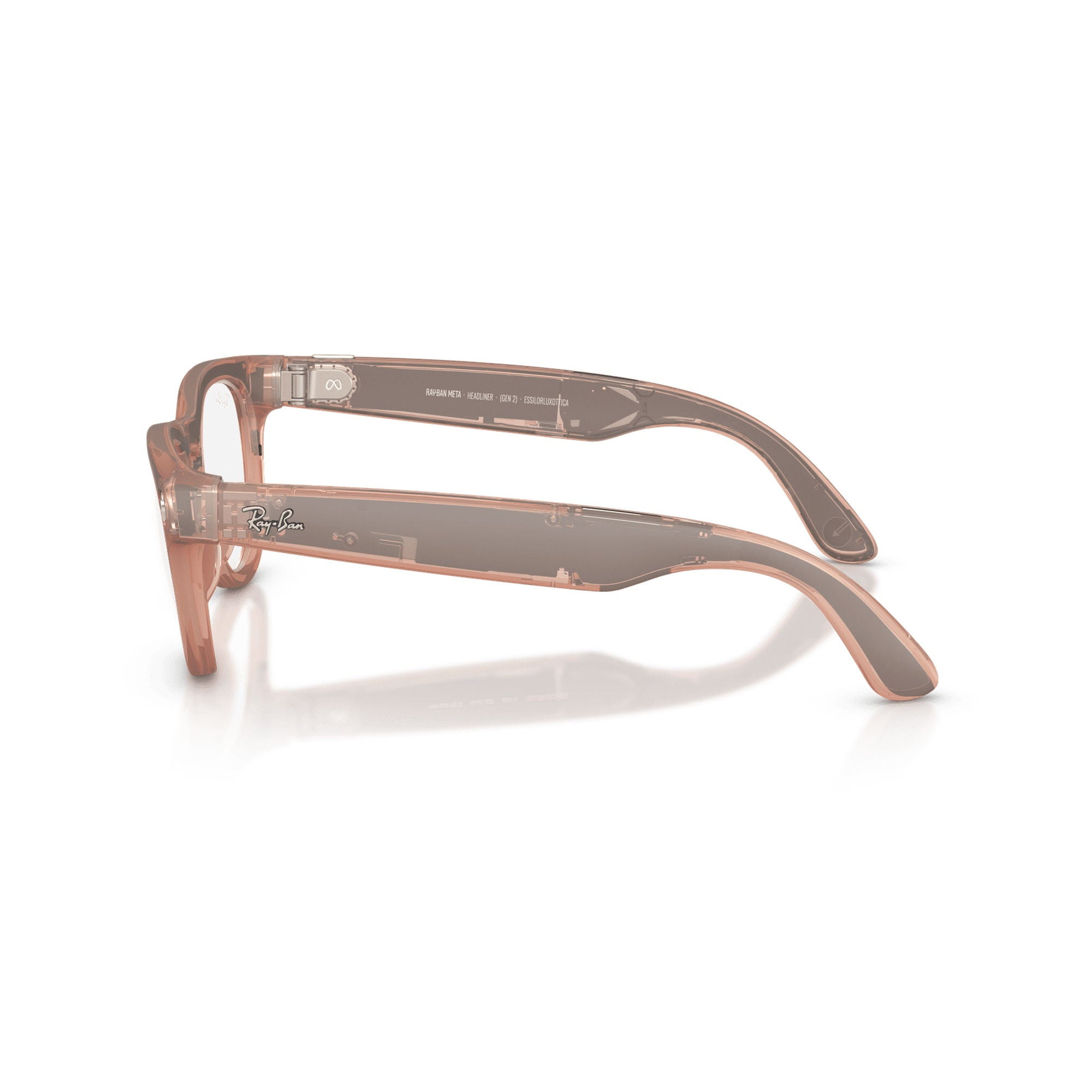 Beyaz arka planda kalın saplı yarı saydam pembe Ray-Ban Meta akıllı gözlük.