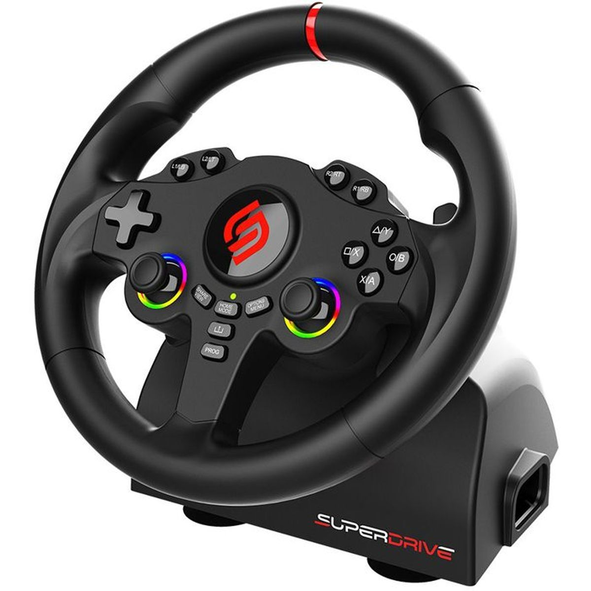 Schwarzes Superdrive Rennlenkrad mit bunten Tasten und einem roten Logo in der Mitte.