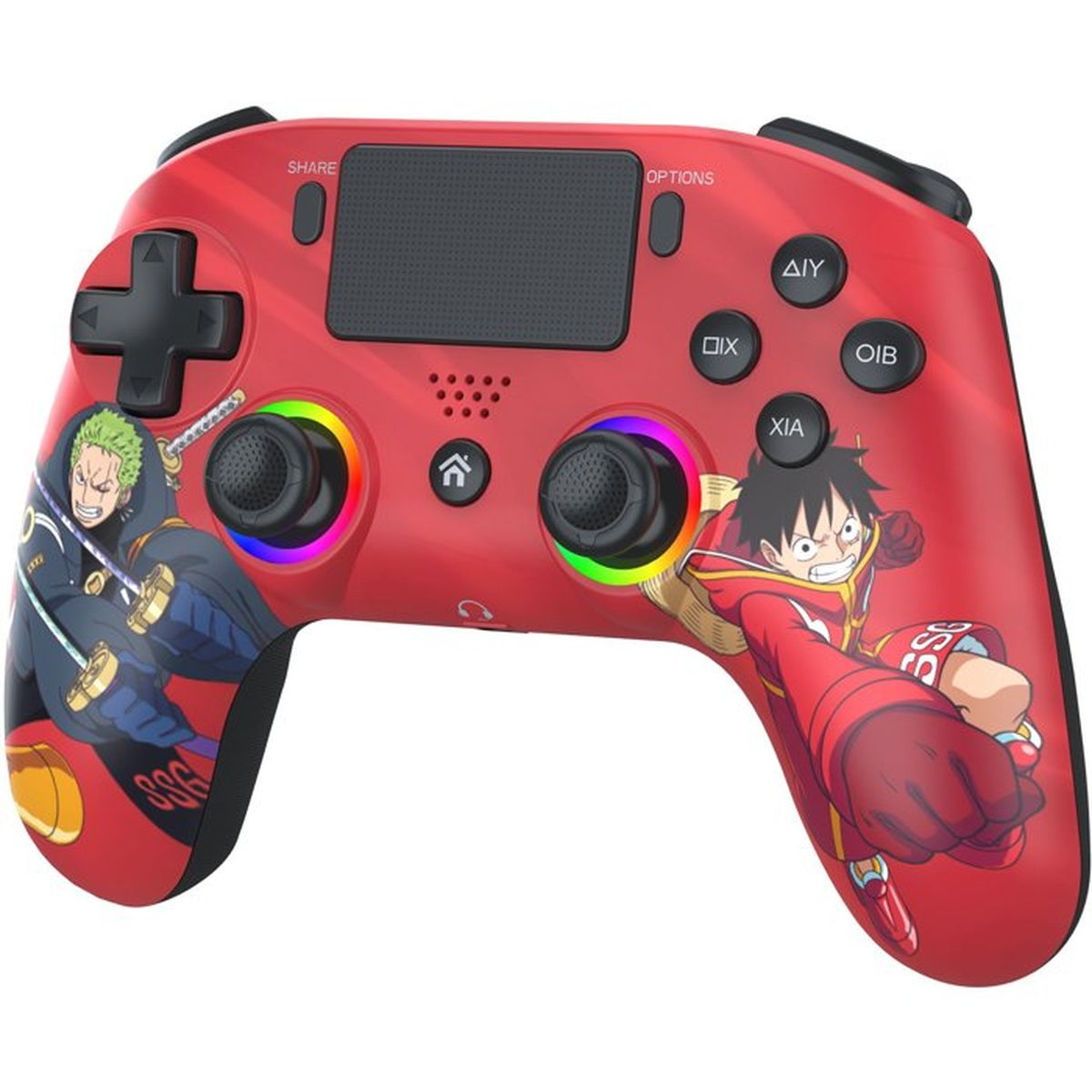 Roter Gaming-Controller mit Anime-Motiven von Zoro und Luffy, beleuchteten Joysticks und schwarzen Tasten.