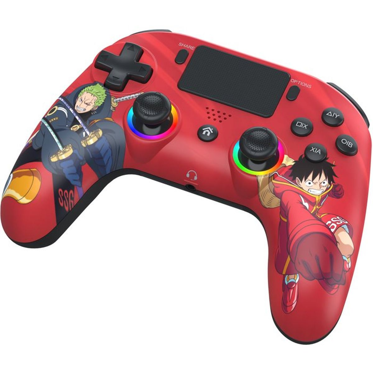 Ein roter Gaming-Controller zeigt die Anime-Figuren Zoro und Luffy auf den Griffen und leuchtende Joystick-Ringe.