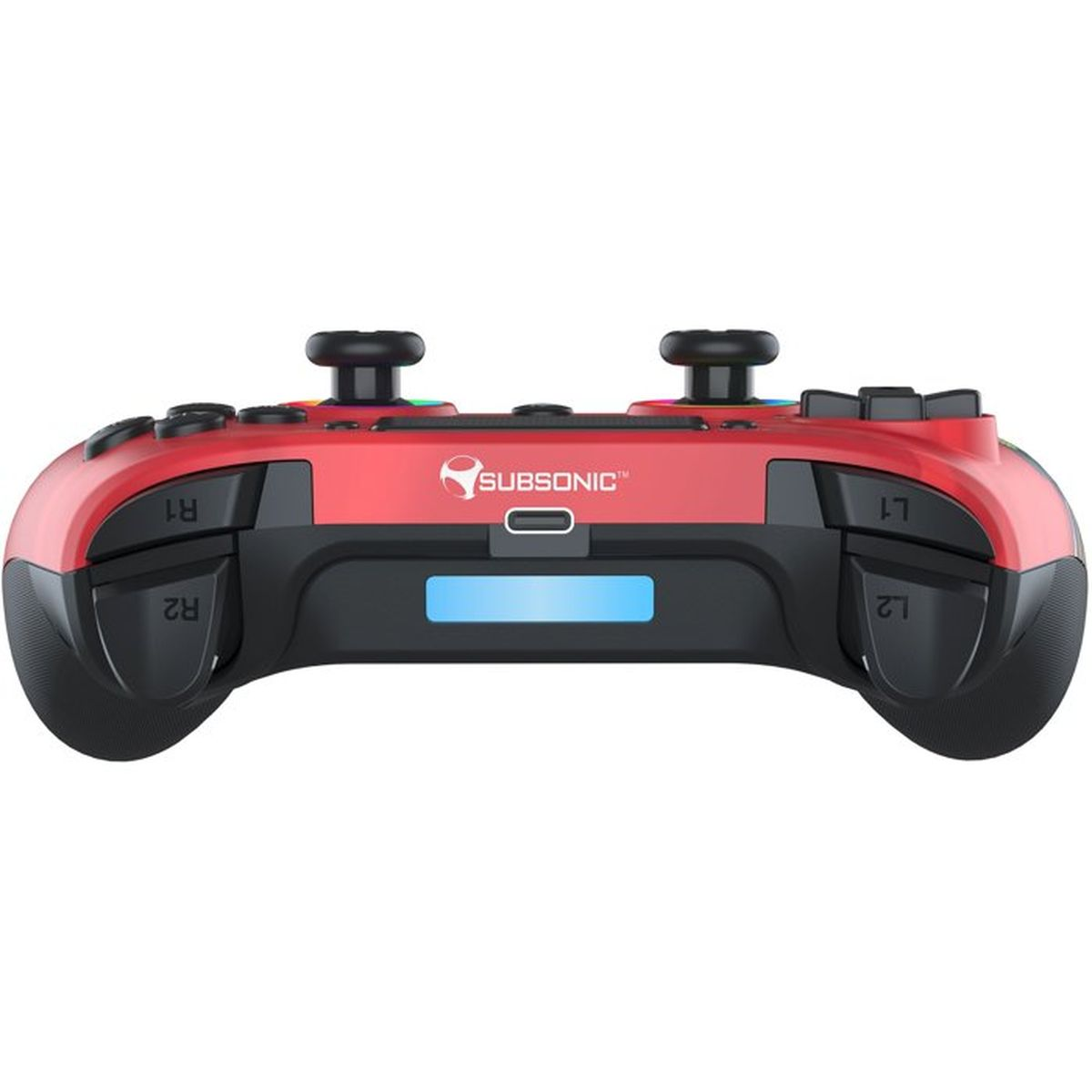 Ein roter Subsonic-Gamepad-Controller mit Rücktasten und blauer Beleuchtung gegen weißen Hintergrund.