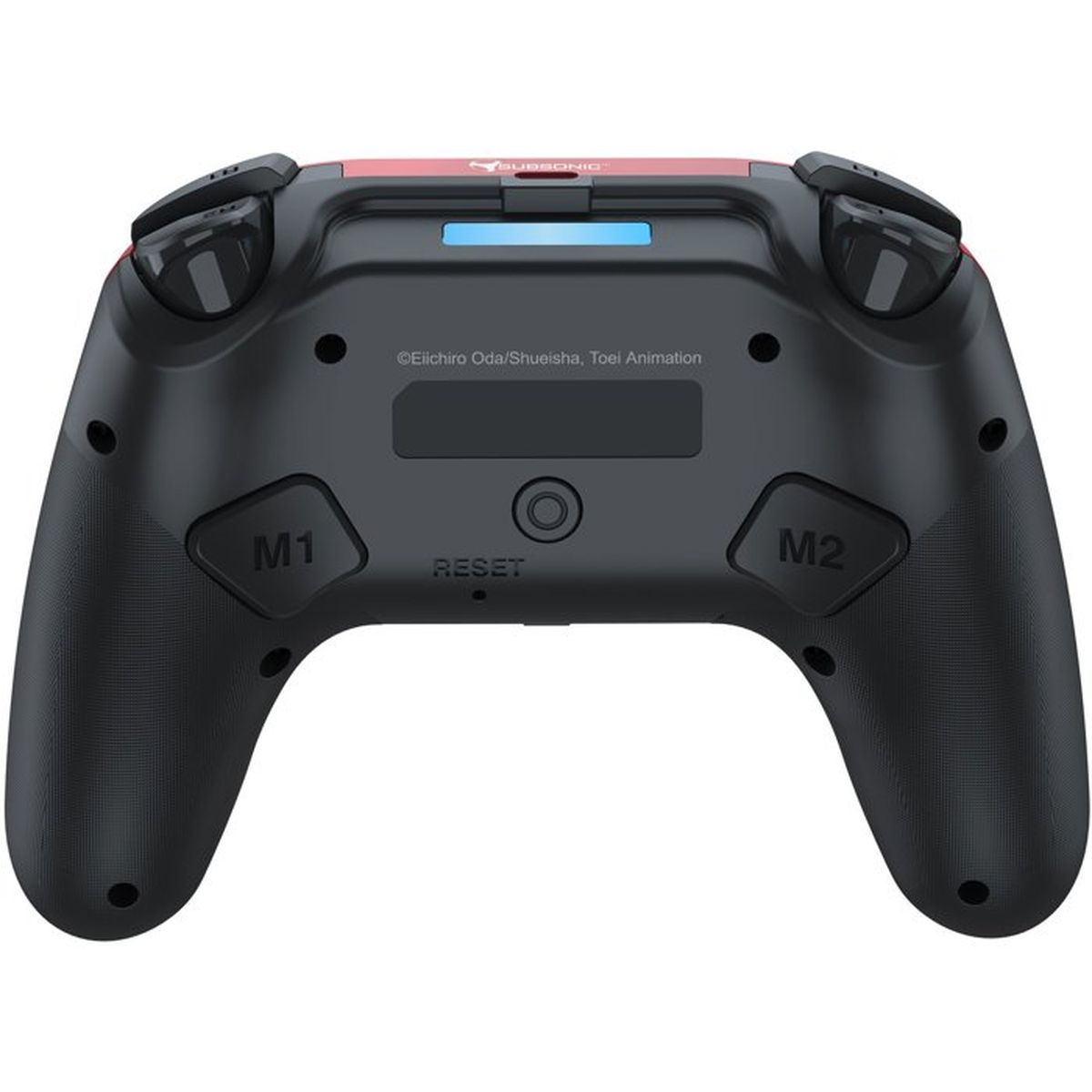 Rückseite eines schwarzen Gamepads mit M1- und M2-Tasten sowie L1- und R1-Schultertasten.