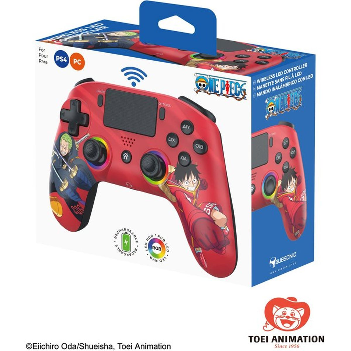 Roter kabelloser One Piece LED-Controller für PS4 und PC in der Verpackung.