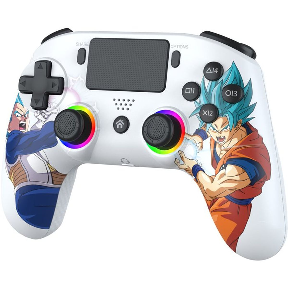 Weißer Gaming-Controller mit Goku- und Vegeta-Grafiken und beleuchteten Analogsticks.