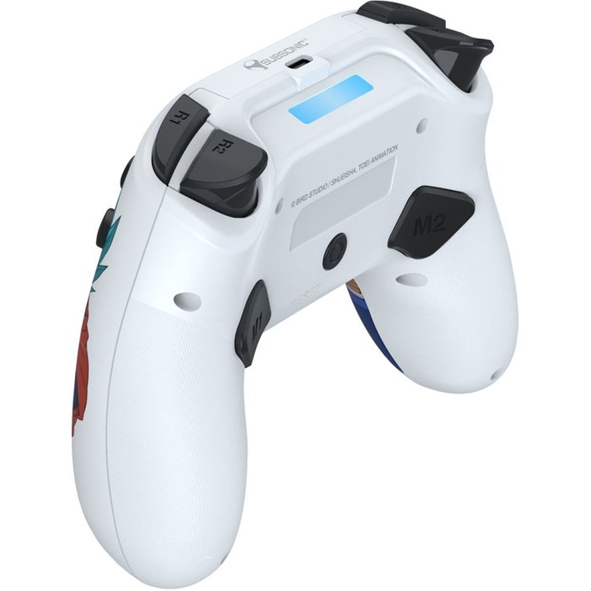 Rückansicht eines weißen Controllers mit schwarzen Tasten, Schultertasten und einem blauen Lichtbalken.
