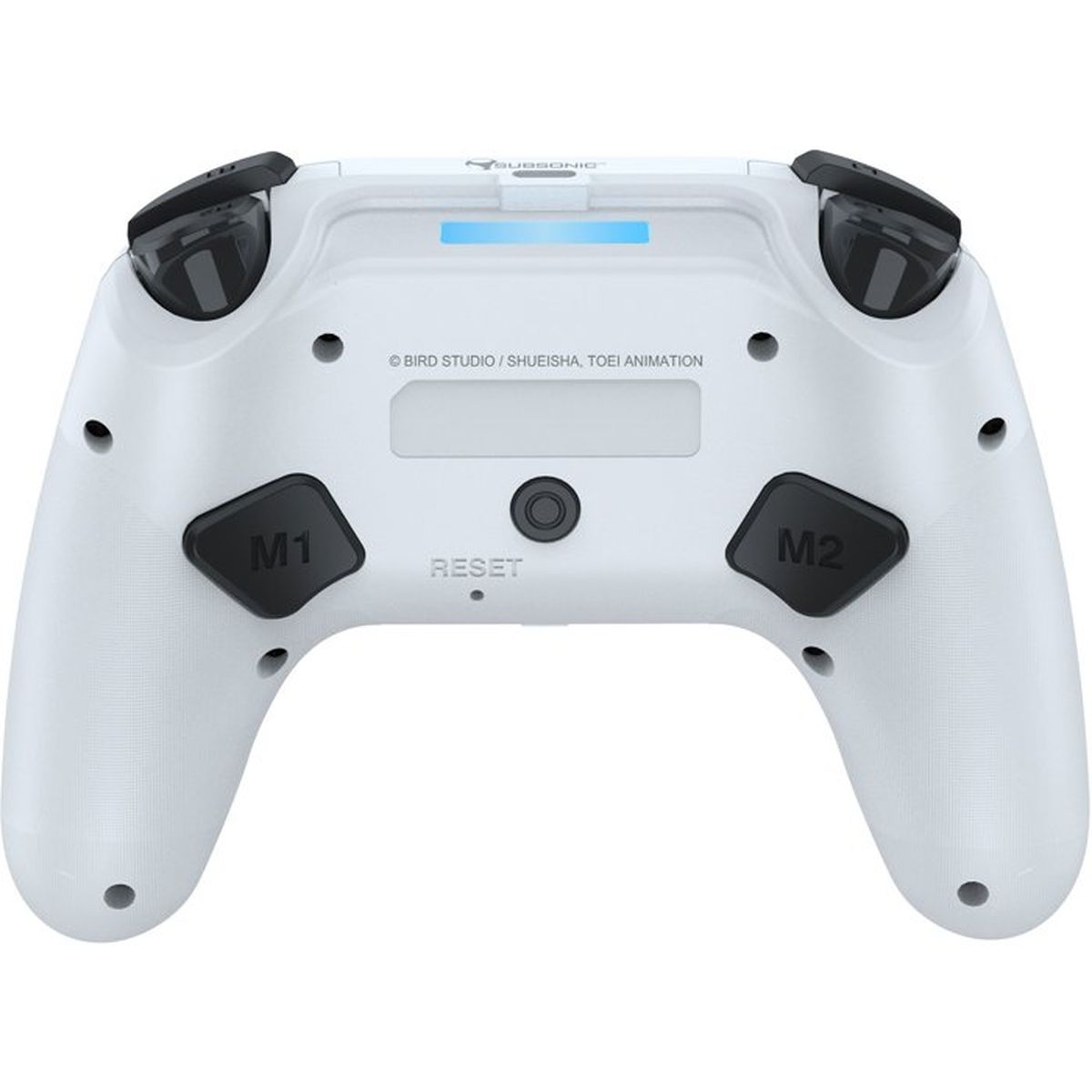 Rückansicht eines weißen Controllers mit zwei schwarzen M1 und M2 Tasten und einem blauen Lichtband oben.