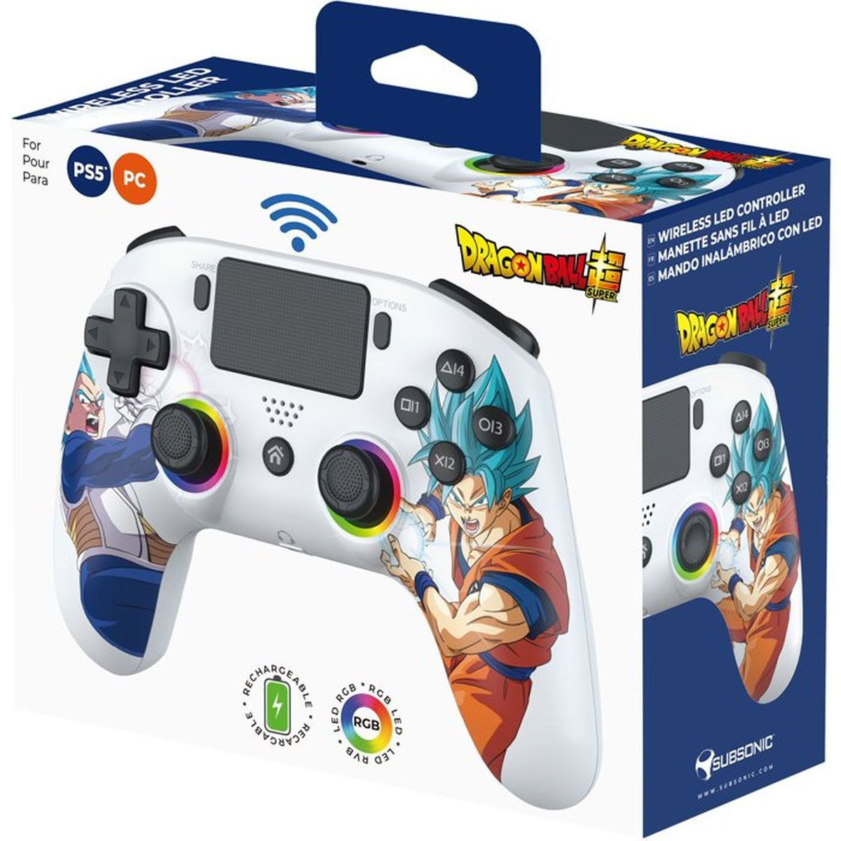 Dragon Ball Super PS5/PC-Wireless-Controller mit RGB-Beleuchtung und Goku- und Vegeta-Grafiken in der Verpackung.