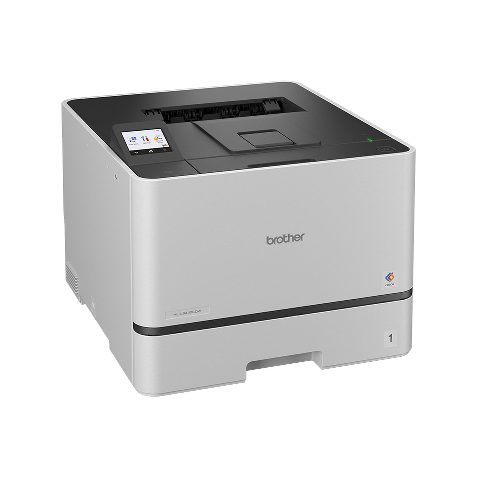 Ein weiß-schwarzer Brother Laserdrucker vor schlichtem Hintergrund.