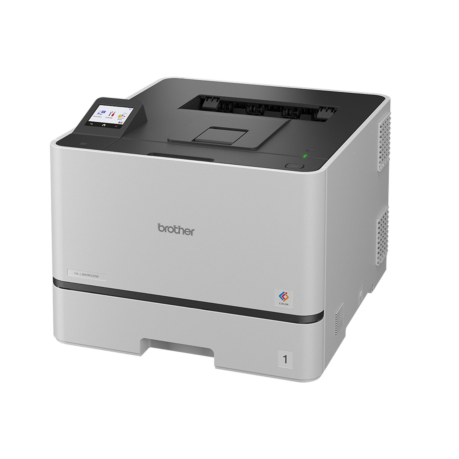 Ein weißer Brother-Laserdrucker mit schwarzer Oberseite und Farbdisplay steht auf weißem Hintergrund.