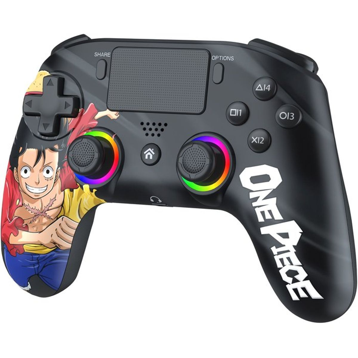 Schwarzer PS4-Controller mit One-Piece-Design, Luffy auf der linken Seite und Regenbogen-Analog-Sticks.