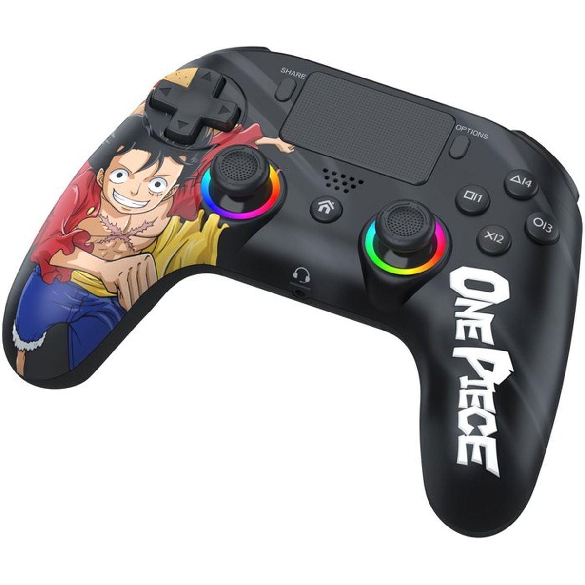Schwarzer One Piece-Gamepad mit Luffy-Aufdruck und Regenbogen-LEDs.