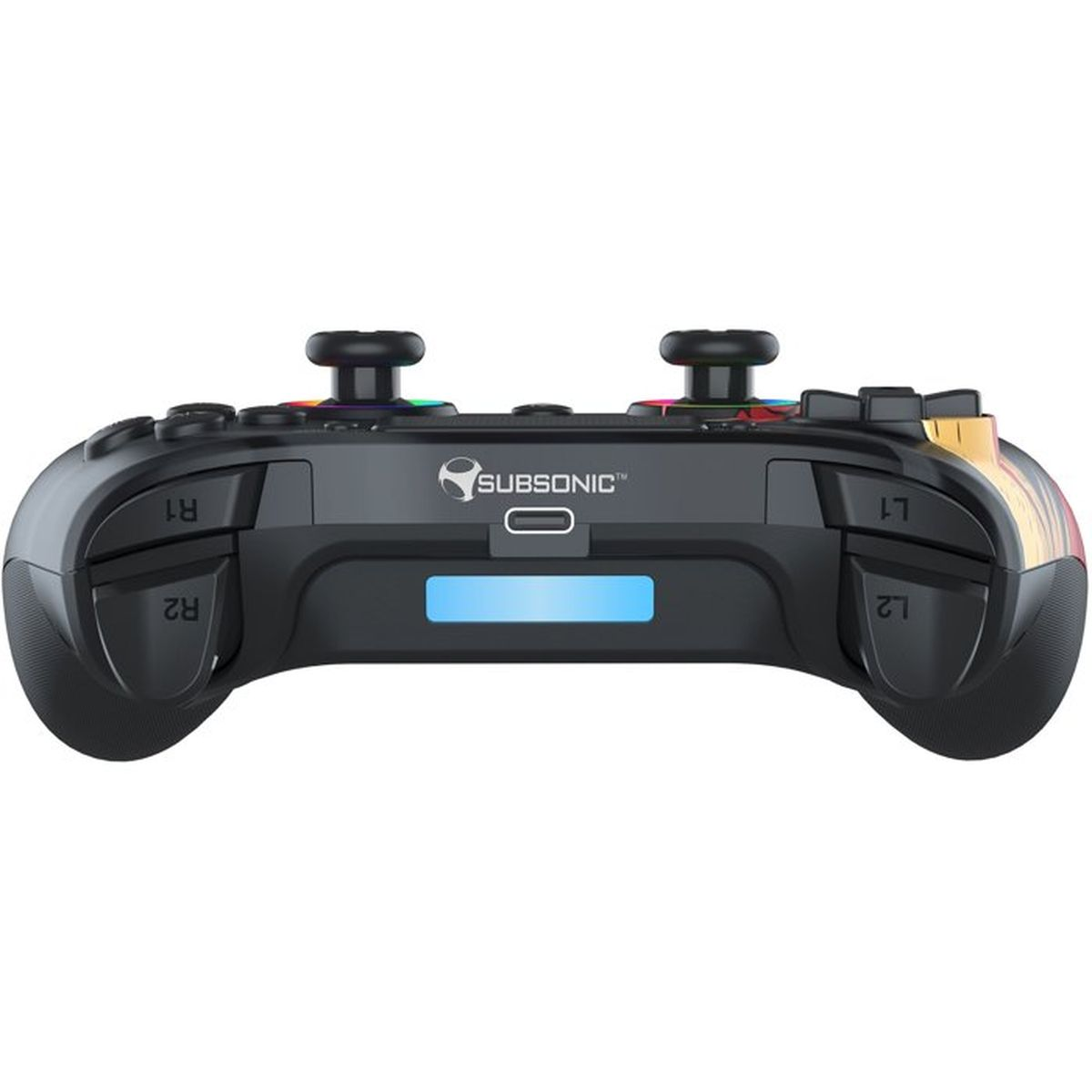 Rückseite eines schwarzen Subsonic-Gaming-Controllers mit L1/L2- und R1/R2-Tasten sowie blauer Leuchtanzeige.