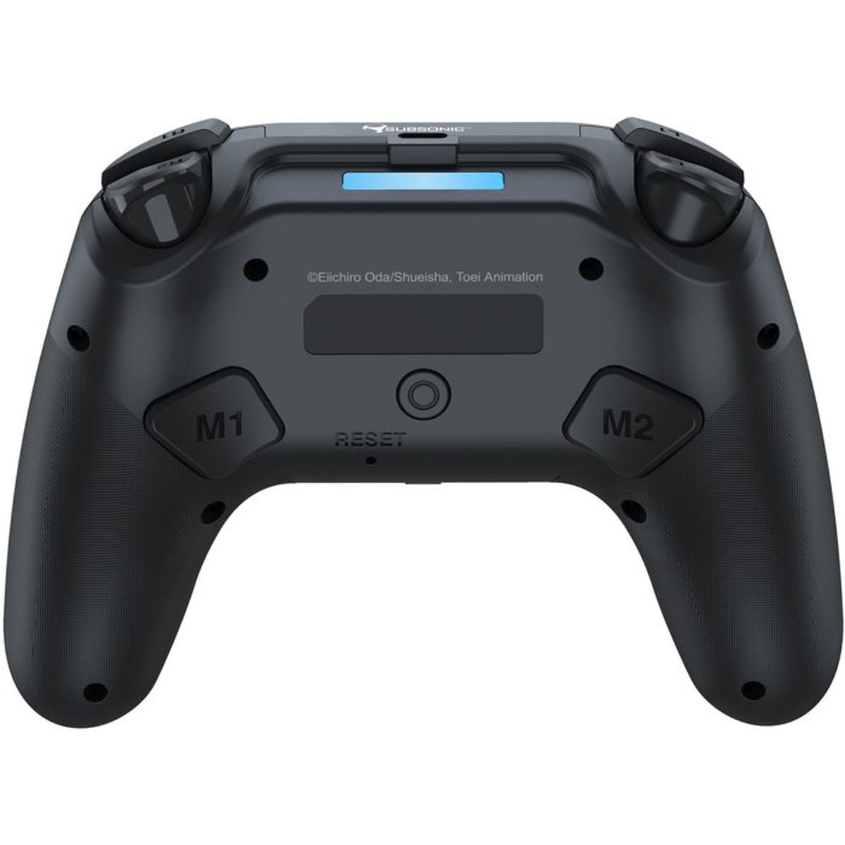 Rückansicht eines schwarzen Videospiel-Controllers mit M1- und M2-Tasten und einem blauen Lichtstreifen.