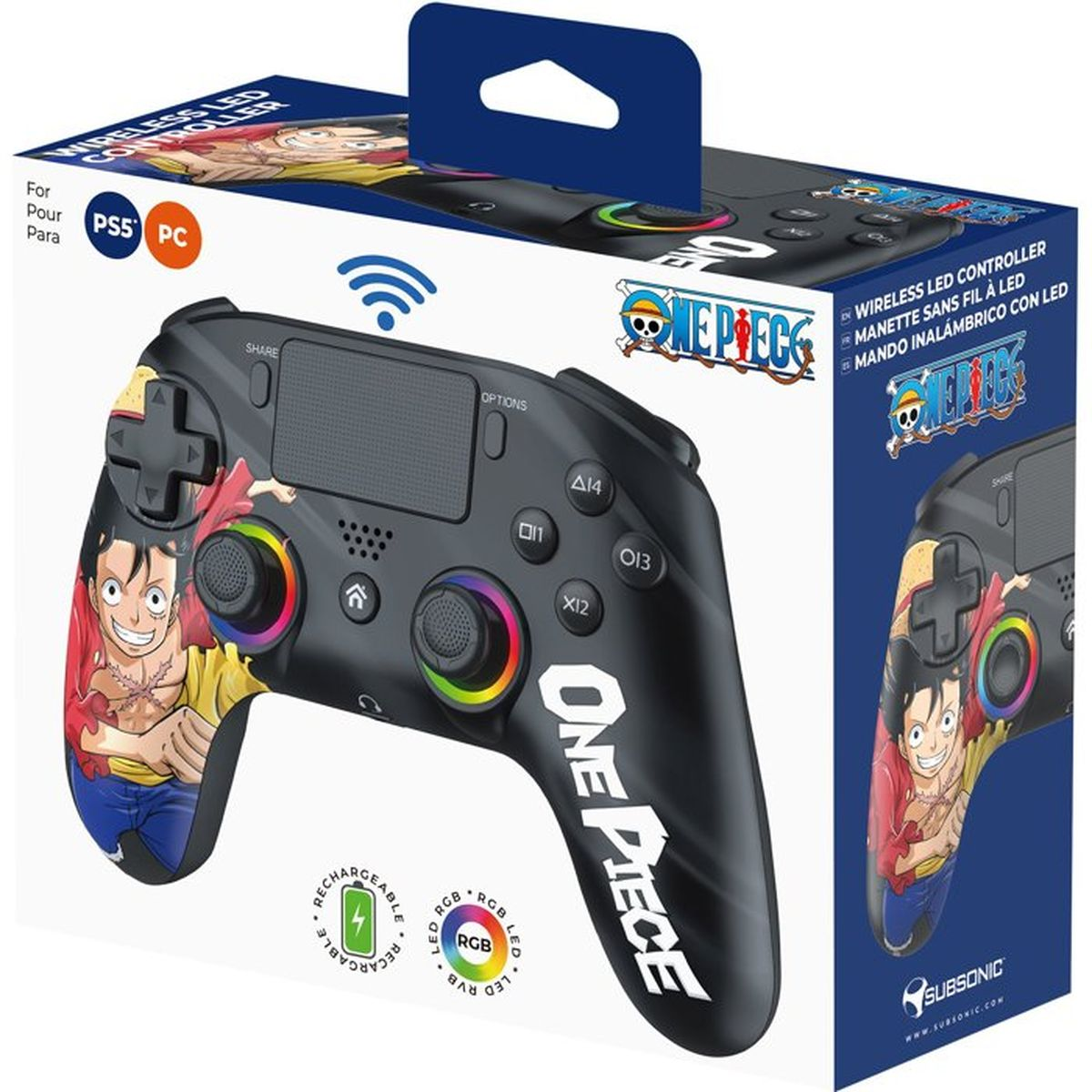 Ein schwarzer One Piece kabelloser LED-Controller für PS5 und PC in der Verpackung.