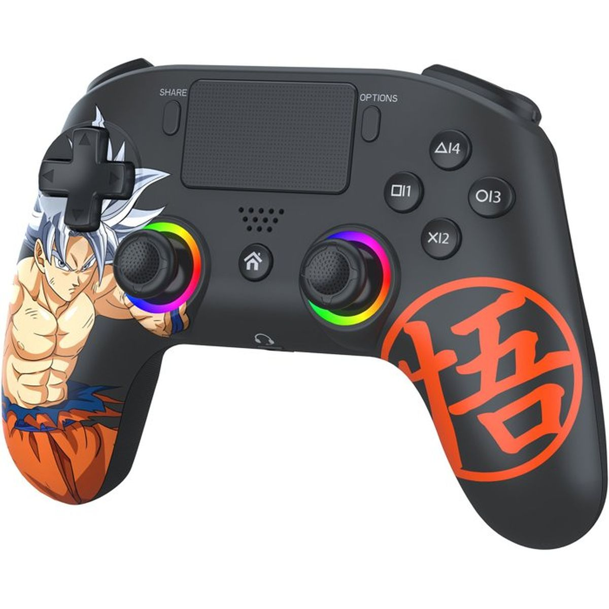 Schwarzer Gaming-Controller mit Goku-Grafik auf dem linken Griff und einem roten Symbol auf dem rechten Griff.