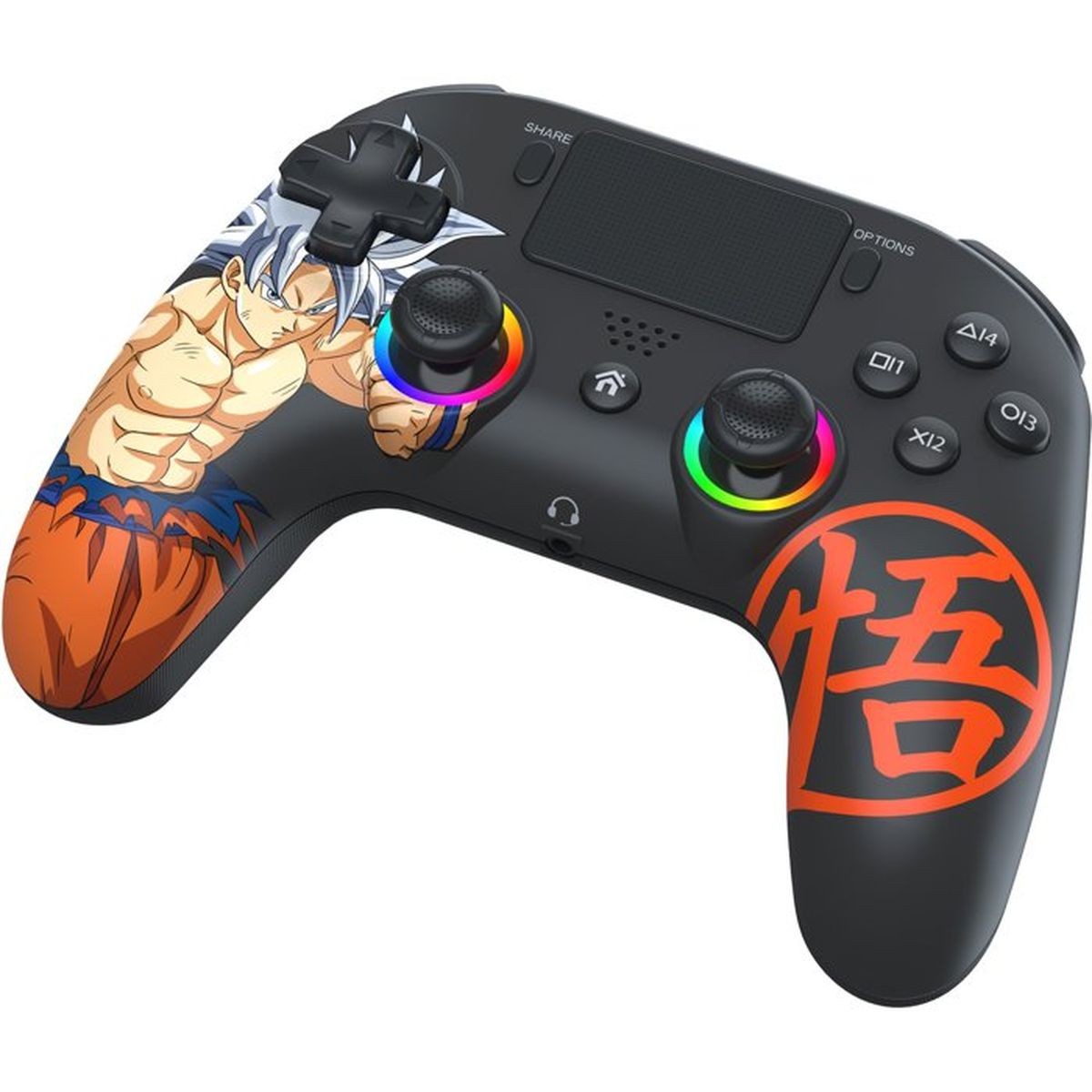 Schwarzer Gaming-Controller mit Goku-Grafik und farbigen LED-Sticks.