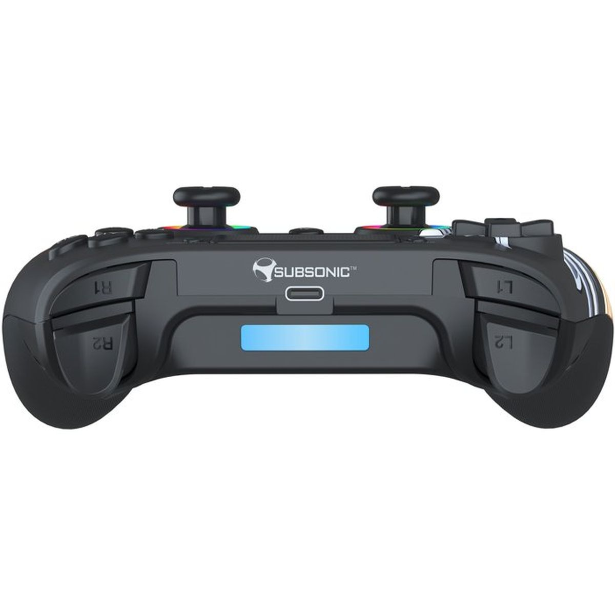 Rückansicht eines schwarzen Subsonic-Controllers mit beleuchteten Analogsticks und L1/R1-Tasten.