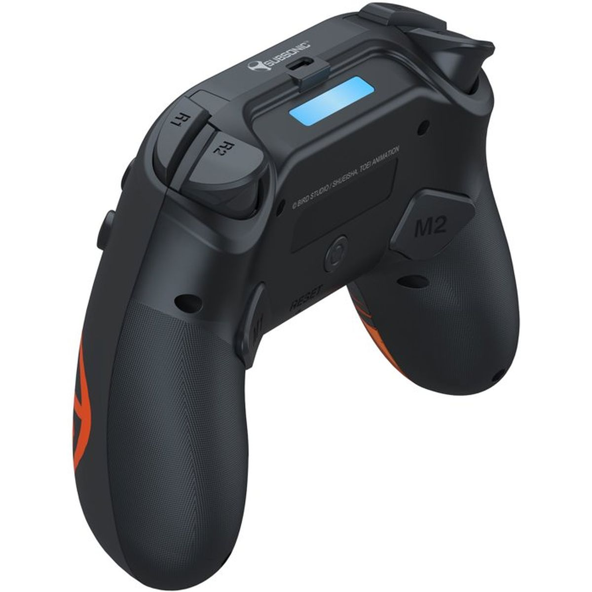 Rückansicht eines schwarzen Gaming-Controllers mit L- und R-Tasten, integriertem blauen Display und strukturierten Griffen.
