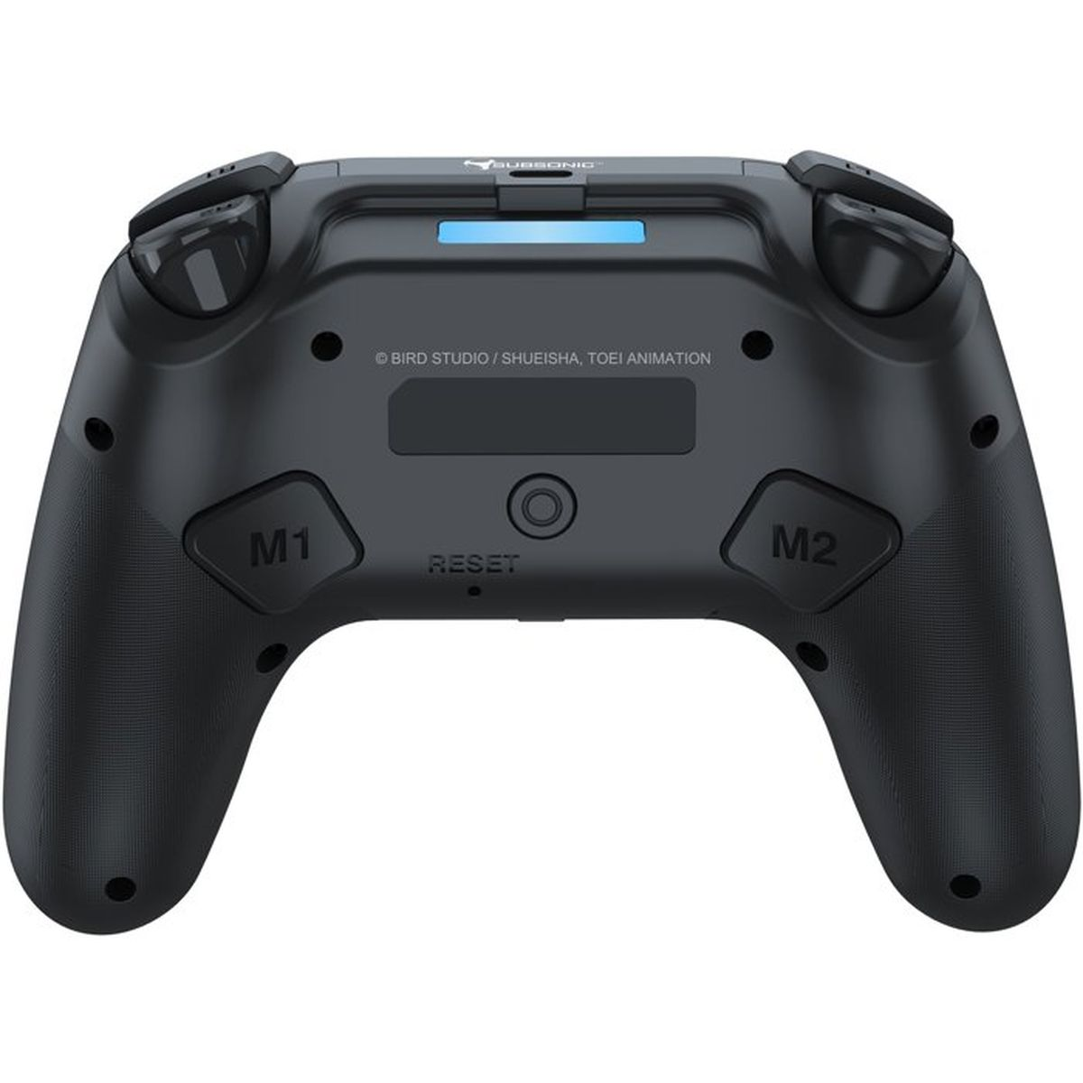 Rückseite eines schwarzen Gamepads mit M1- und M2-Tasten und blauer Leuchte.