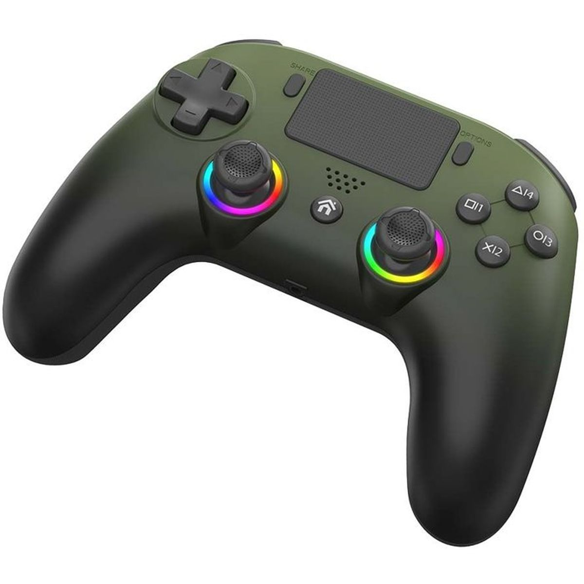Ein olivgrüner und schwarzer Gaming-Controller mit bunten RGB-Leuchtringen um die Joysticks.