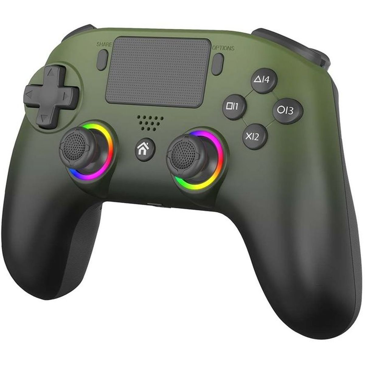 Grüner und schwarzer Gaming-Controller mit RGB-beleuchteten Joysticks und Standardtasten.