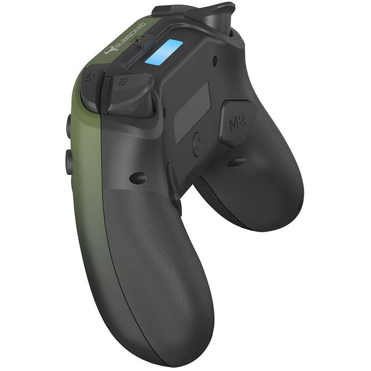 Rückseite eines schwarzen und olivgrünen Videospiel-Controllers mit strukturierten Griffen und Schultertasten.