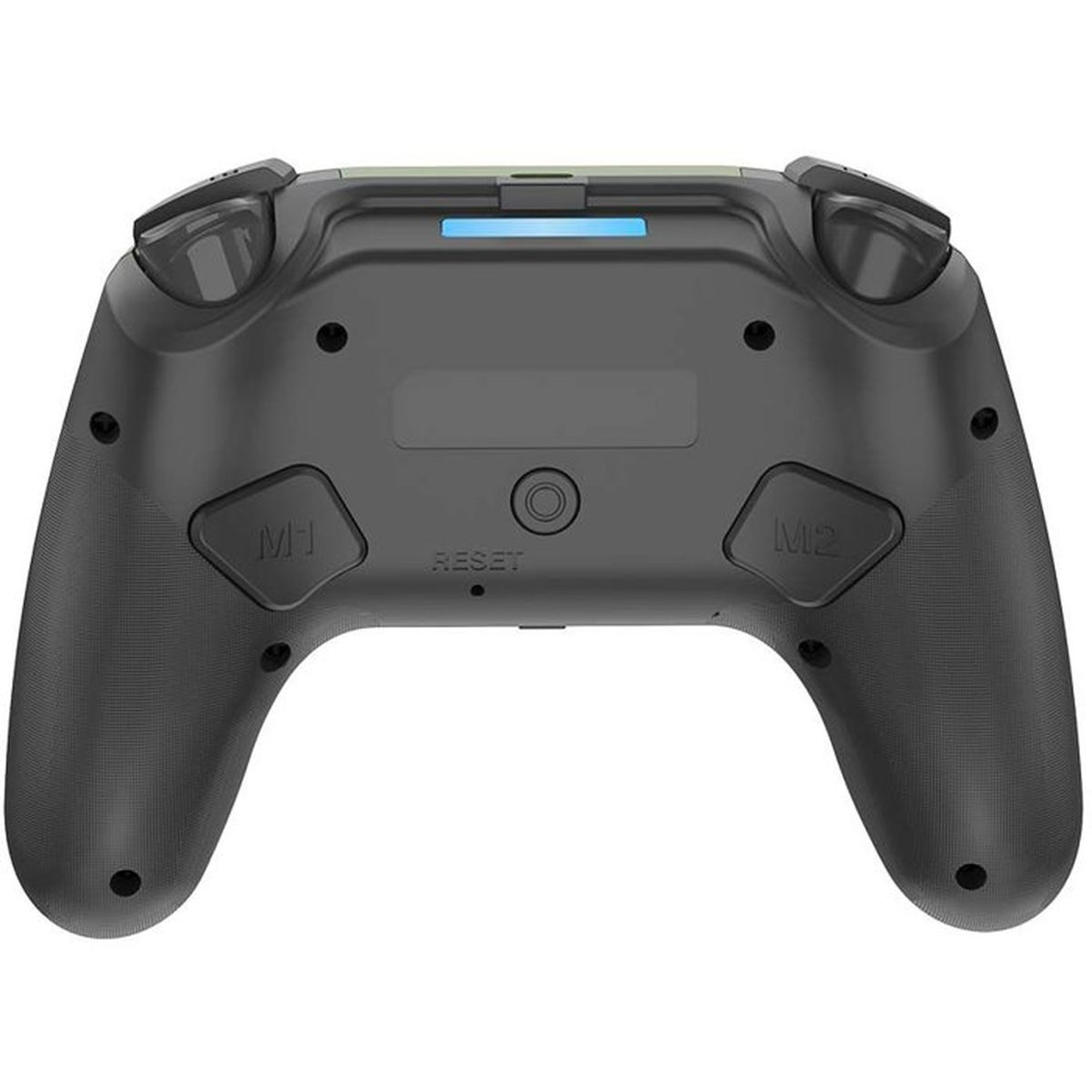 Rückseite eines schwarzen Gamepads mit M1- und M2-Tasten sowie L1- und R1-Schultertasten.