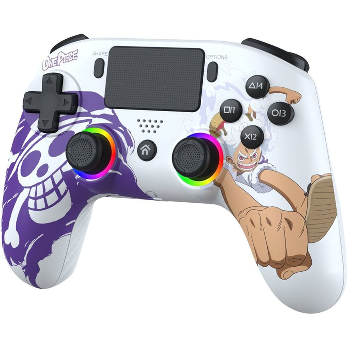 Ein weißer Controller mit One Piece Anime-Grafik, einem lila Totenkopf links und einem Charakter rechts.