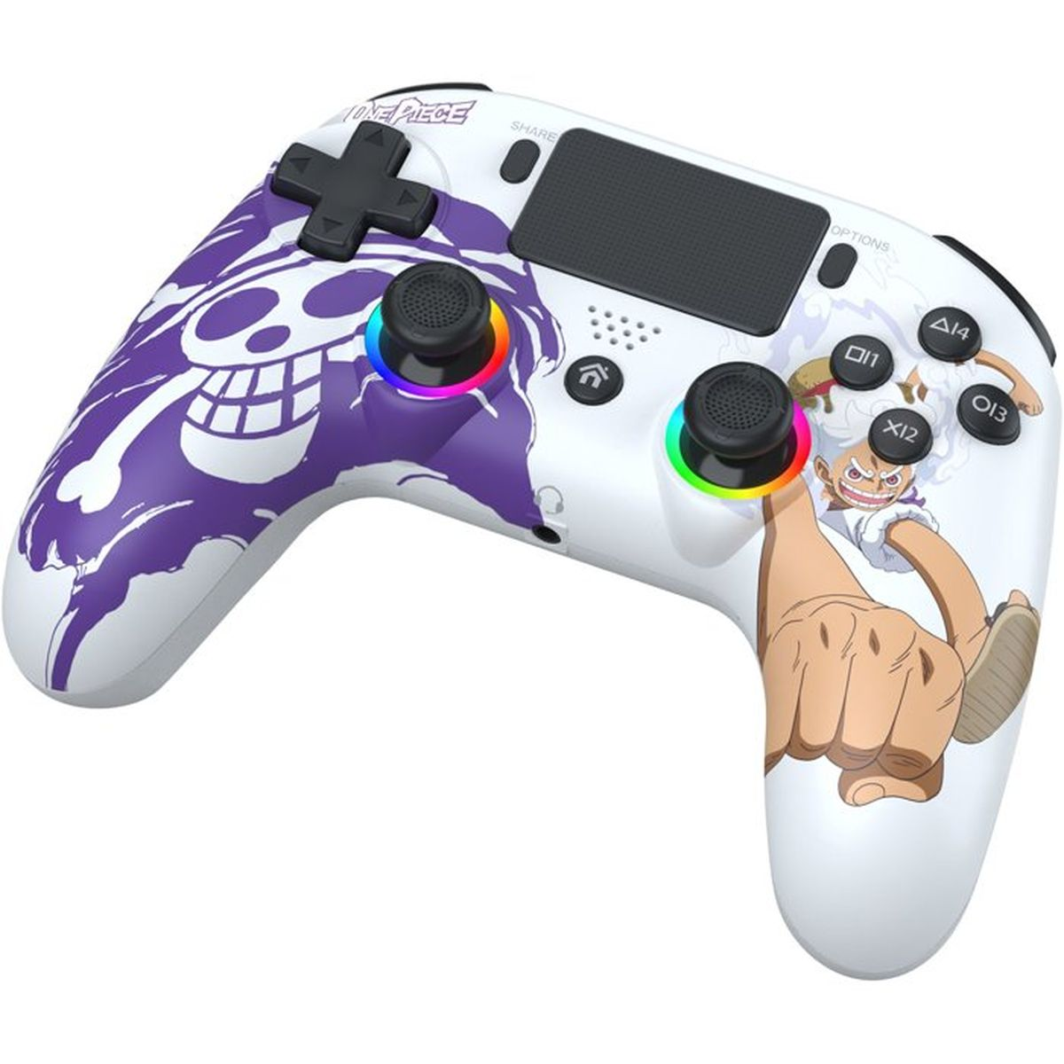 Weißer Gaming-Controller mit One Piece Anime-Design, lilafarbenem Totenkopf und Charaktergrafik.
