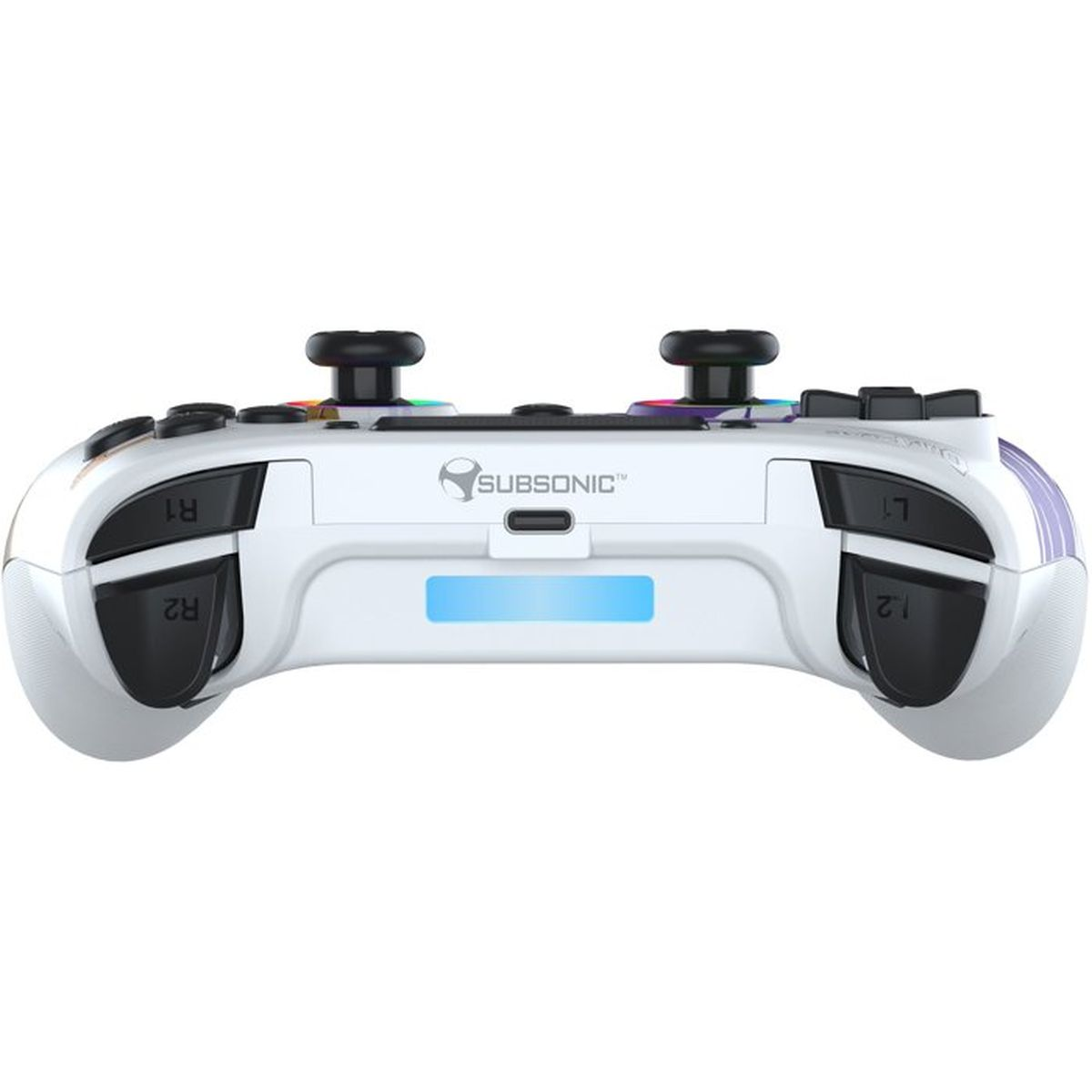 Rückansicht eines weißen Subsonic-Gaming-Controllers mit Schultertasten, Joysticks und einer blauen LED-Leiste.