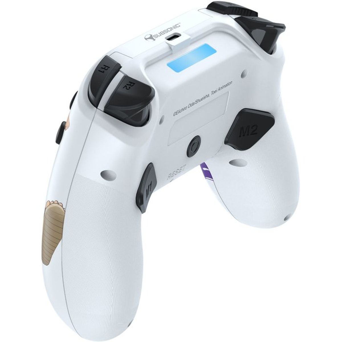 Ein weißer Controller mit schwarzen Tasten, M1- und M2-Paddels sowie Text auf der Rückseite vor weißem Hintergrund.