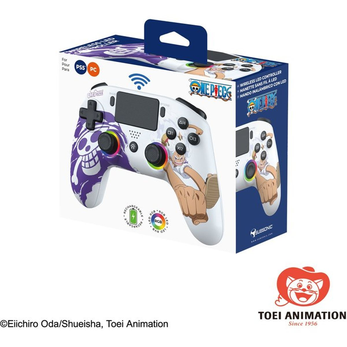 Ein kabelloser LED-Gamecontroller im One Piece-Design in seiner Verpackung vor weißem Hintergrund.