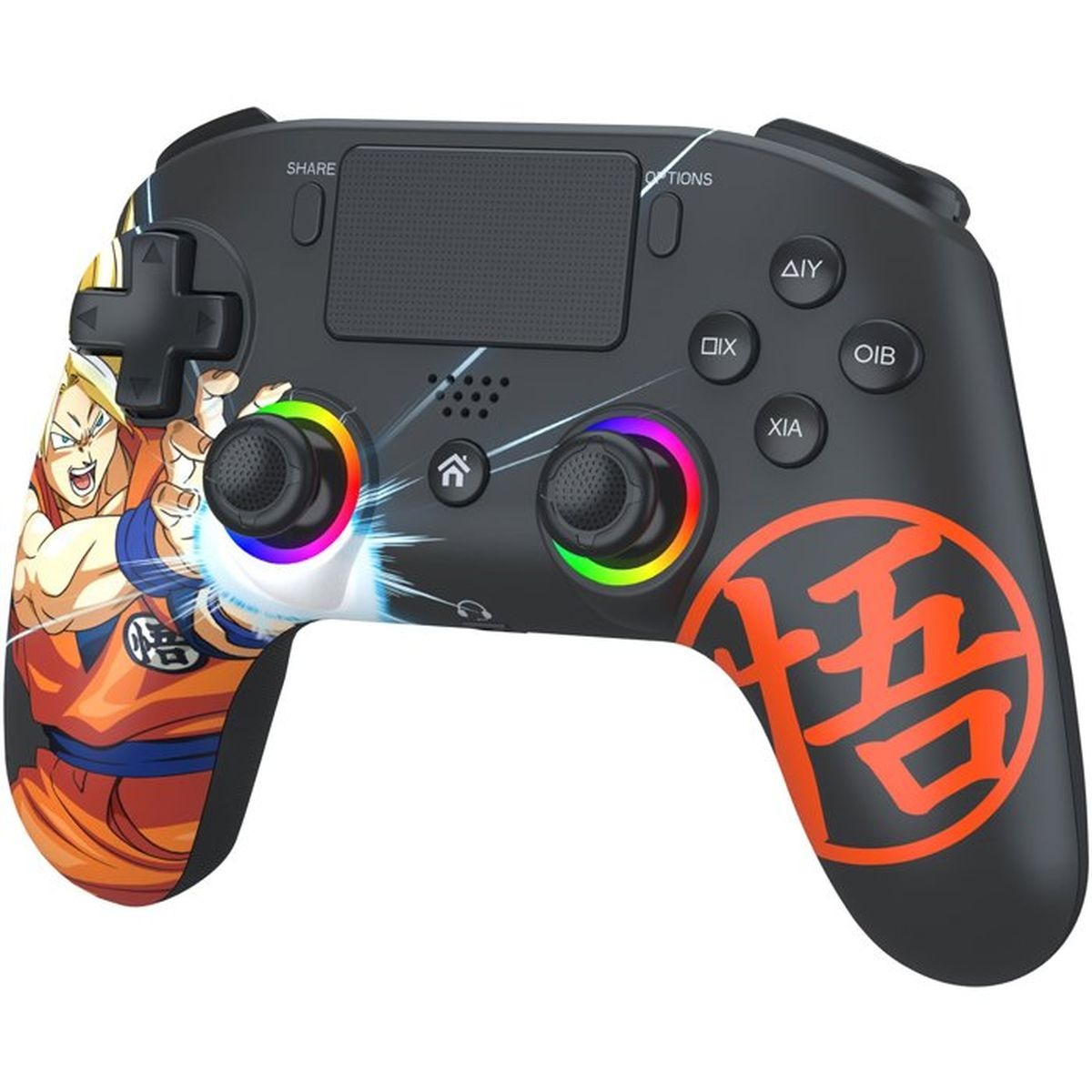 Schwarzer Controller mit Goku-Design, RGB-Sticks und rotem Kanji-Symbol auf der rechten Seite.