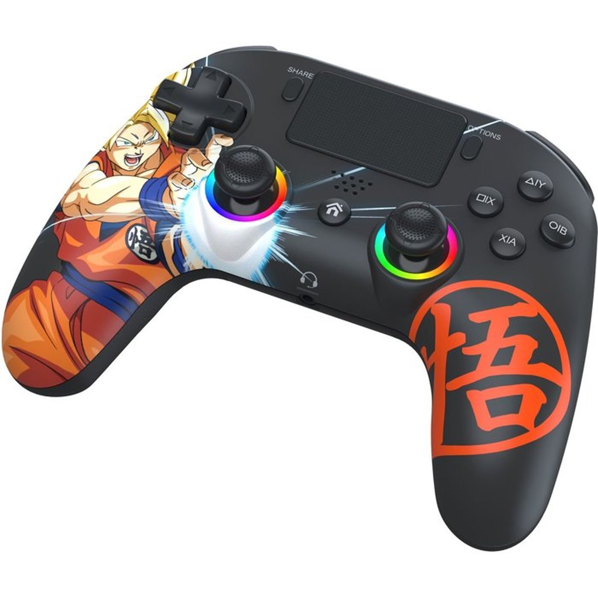Schwarzer Gaming-Controller mit Dragon Ball Z Motiv und RGB-Beleuchtung.