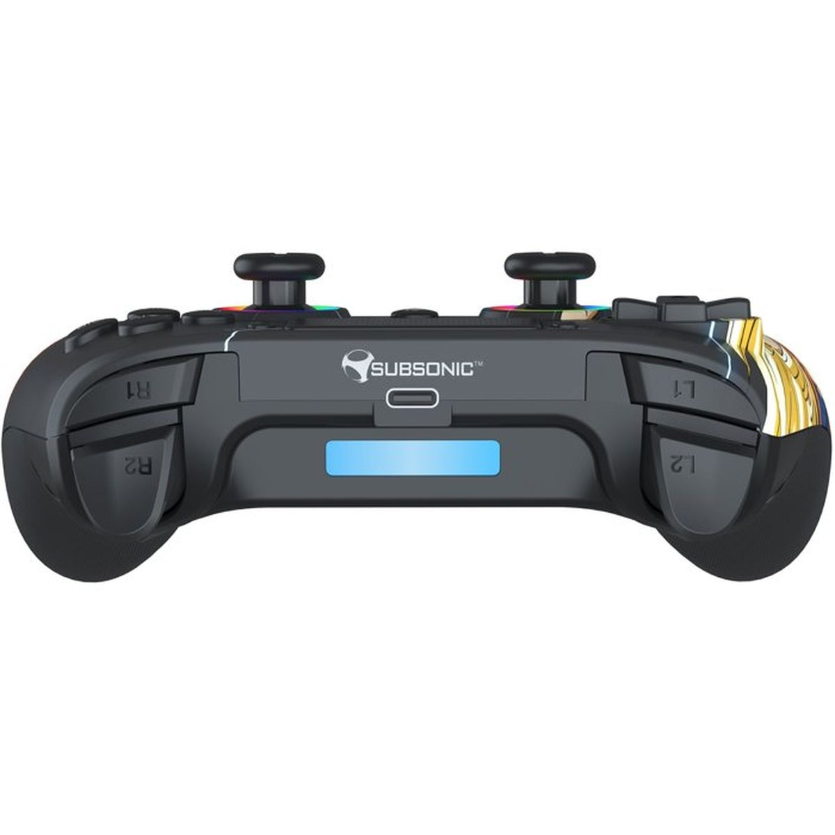 Ein schwarzer Subsonic-Gamepad von hinten, zeigt die Tasten L1, L2, R1, R2 und eine leuchtende blaue Lichtleiste.