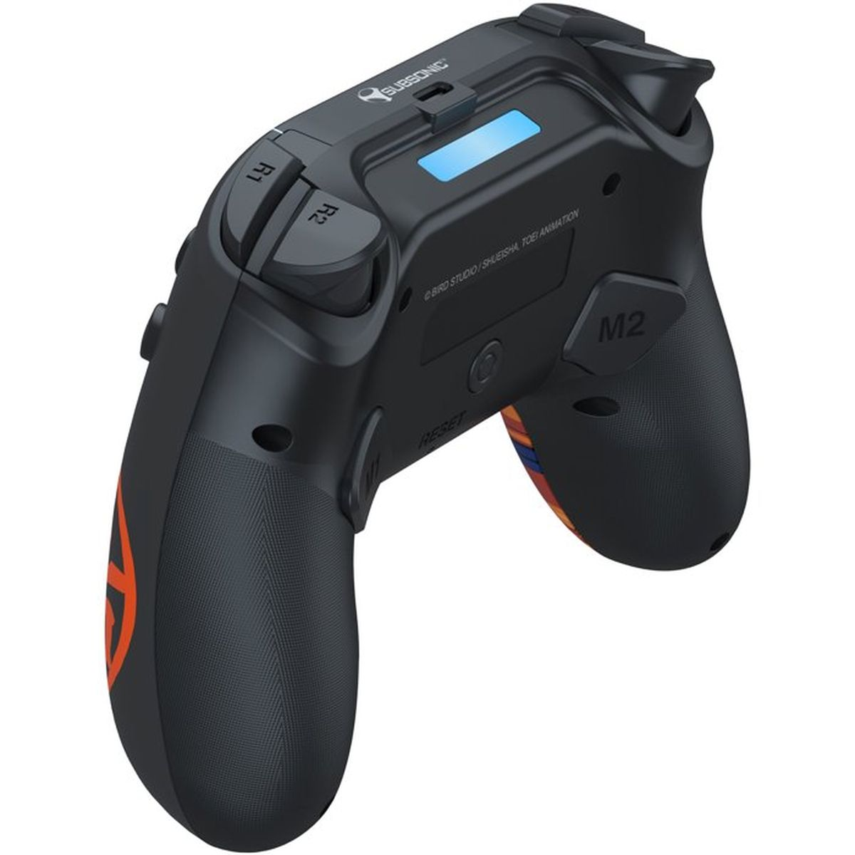 Rückansicht eines schwarzen Subsonic-Controllers mit programmierbaren Tasten, R1, R2 und einem leuchtenden blauen Display.