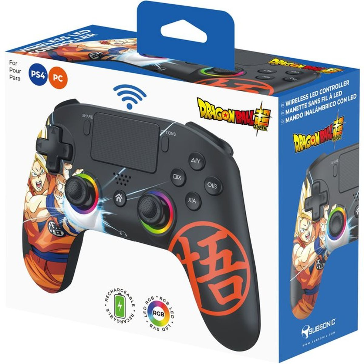 Ein schwarzer Dragon Ball Super Wireless-Controller für PS4 und PC in seiner Verpackung.