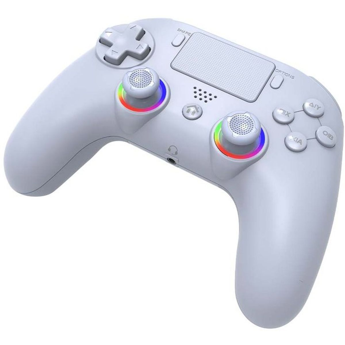 Ein weißer Gaming-Controller mit bunten RGB-Leuchtringen um die Analogsticks vor weißem Hintergrund.