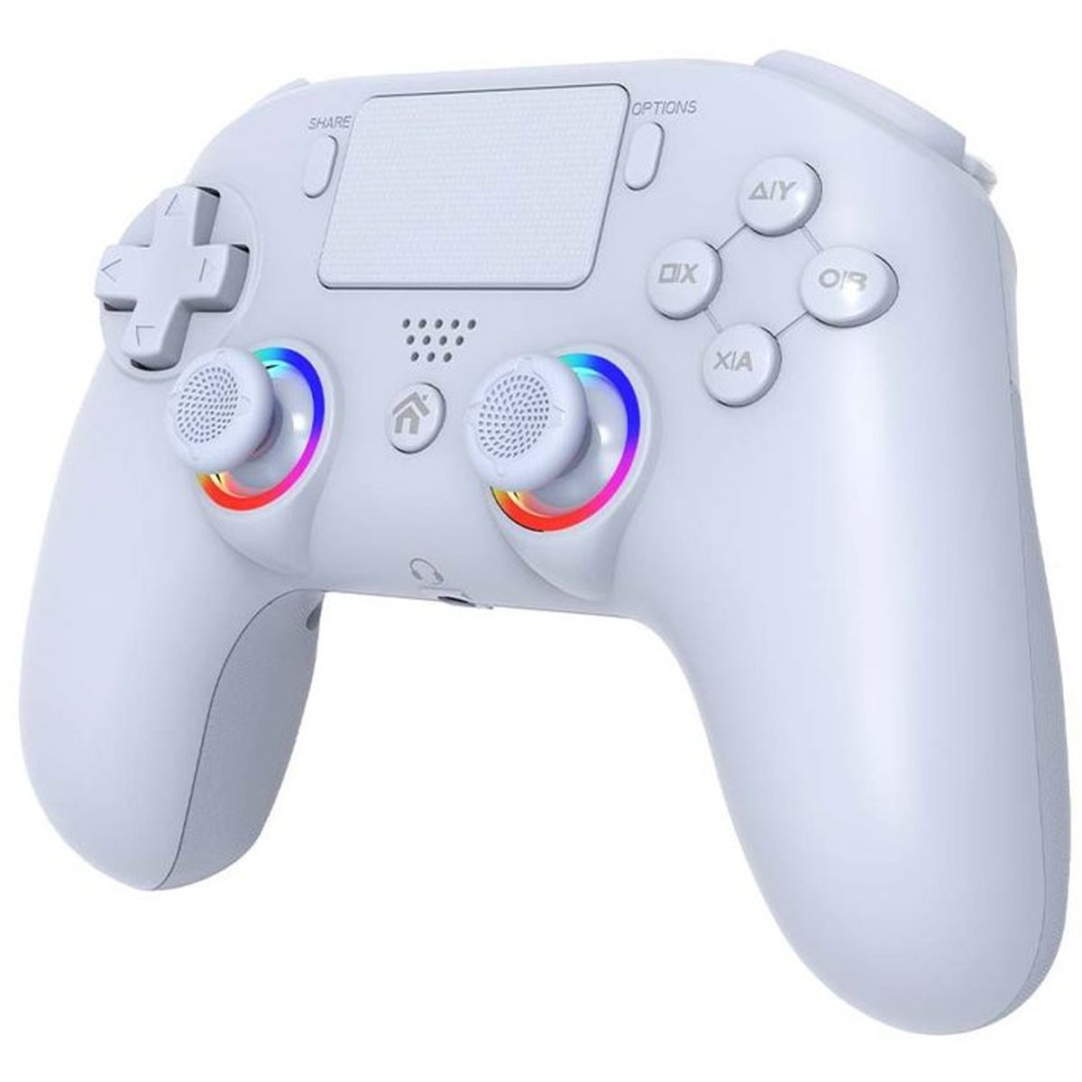 Ein weißer Gaming-Controller mit bunten RGB-Leuchten um die Joysticks, einem Touchpad und Standardtasten.