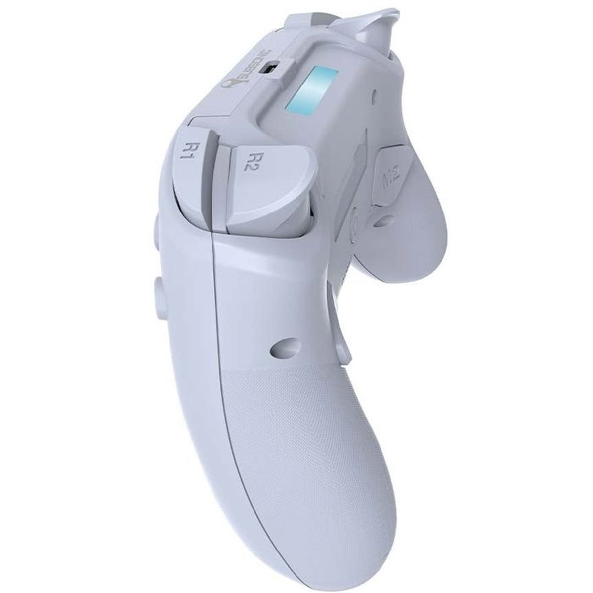 Seitenansicht eines hellgrauen Videospielcontrollers mit sichtbaren R1- und R2-Tasten.