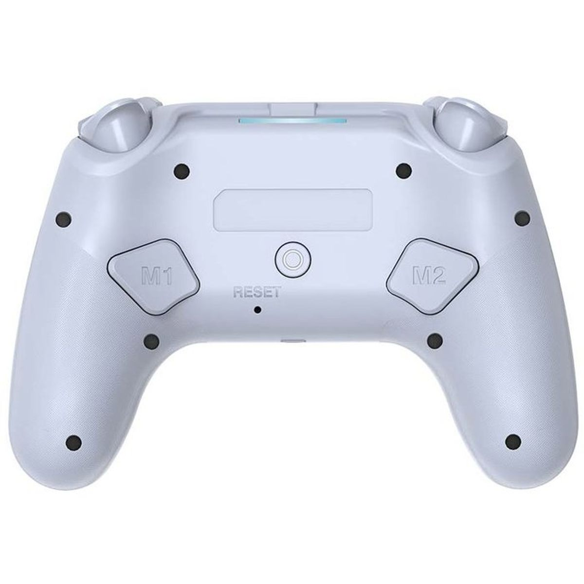 Rückseite eines hellgrauen Gamecontrollers mit zwei programmierbaren Tasten M1 und M2 und einem Reset-Loch.