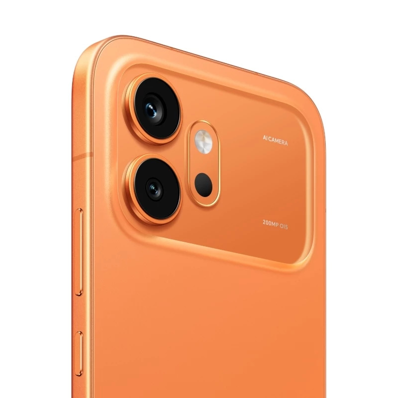 Nahaufnahme der orangen Smartphone-Rückseite mit zwei Kameralinsen und dem Text AI CAMERA und 200MP OIS.