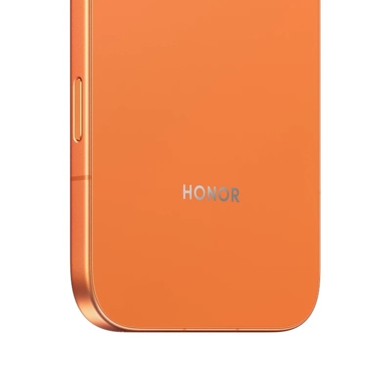 Rückseite eines orangen Smartphones mit dem silbernen Honor-Logo und einem seitlichen Knopf.