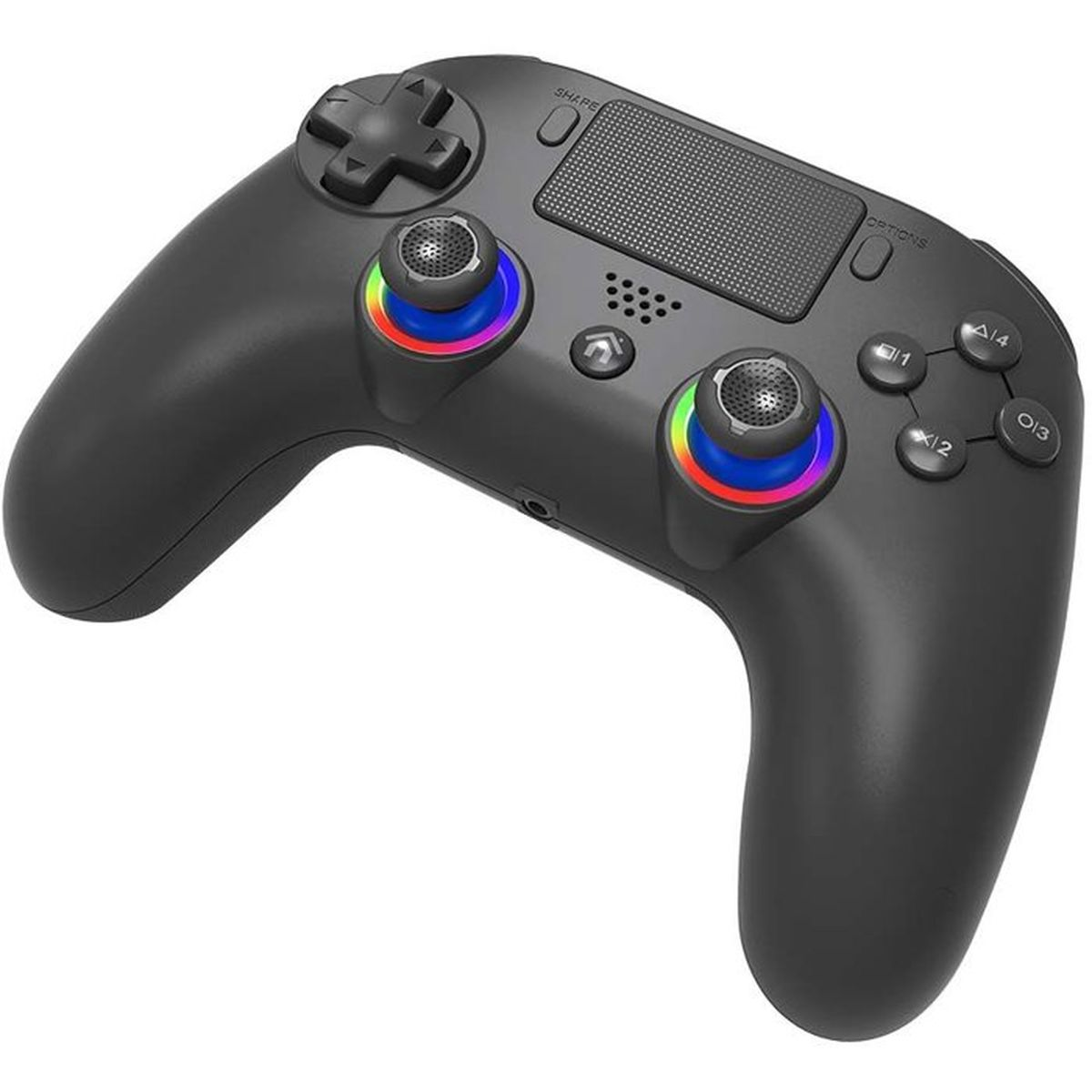 Ein schwarzer Gaming-Controller mit bunten RGB-Leuchtringen um die Joysticks und Standardtasten.