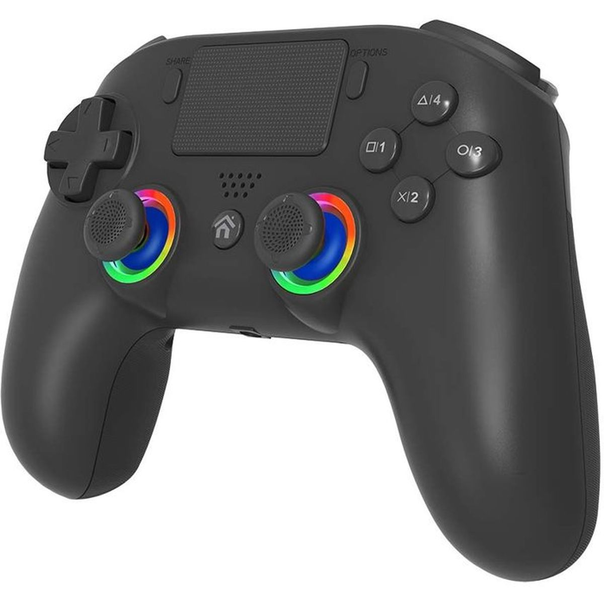 Ein schwarzer Gamecontroller mit farbigen LEDs um die Joysticks, Aktionstasten, D-Pad und Touchpad.