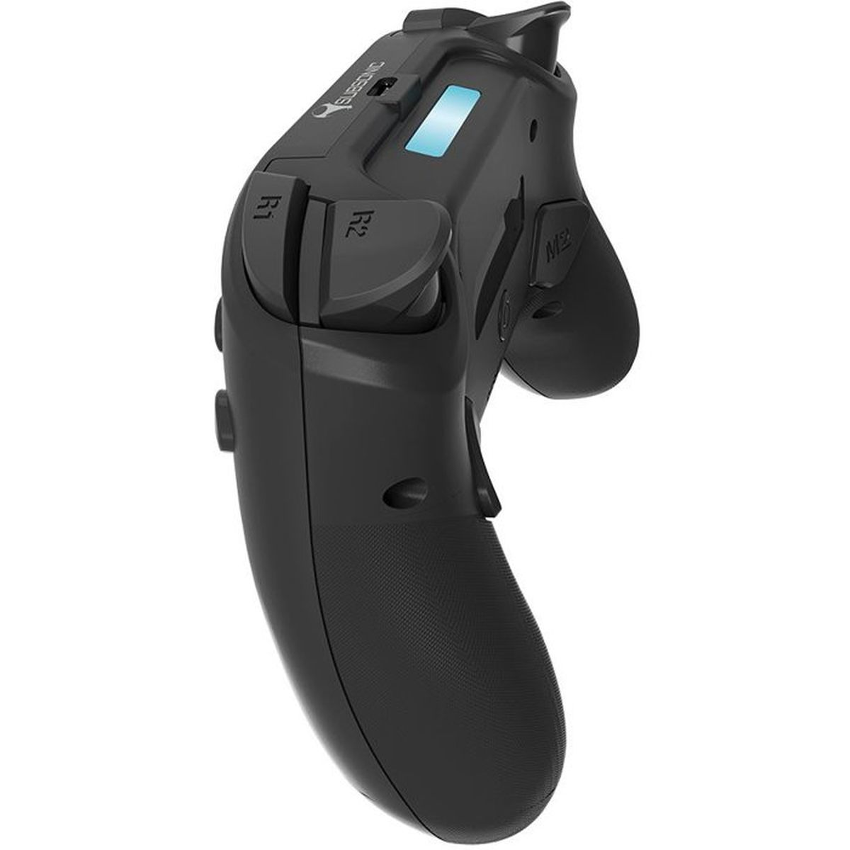 Seitenansicht eines schwarzen Gaming-Controllers mit R1- und R2-Tasten und einer blauen LED-Anzeige.