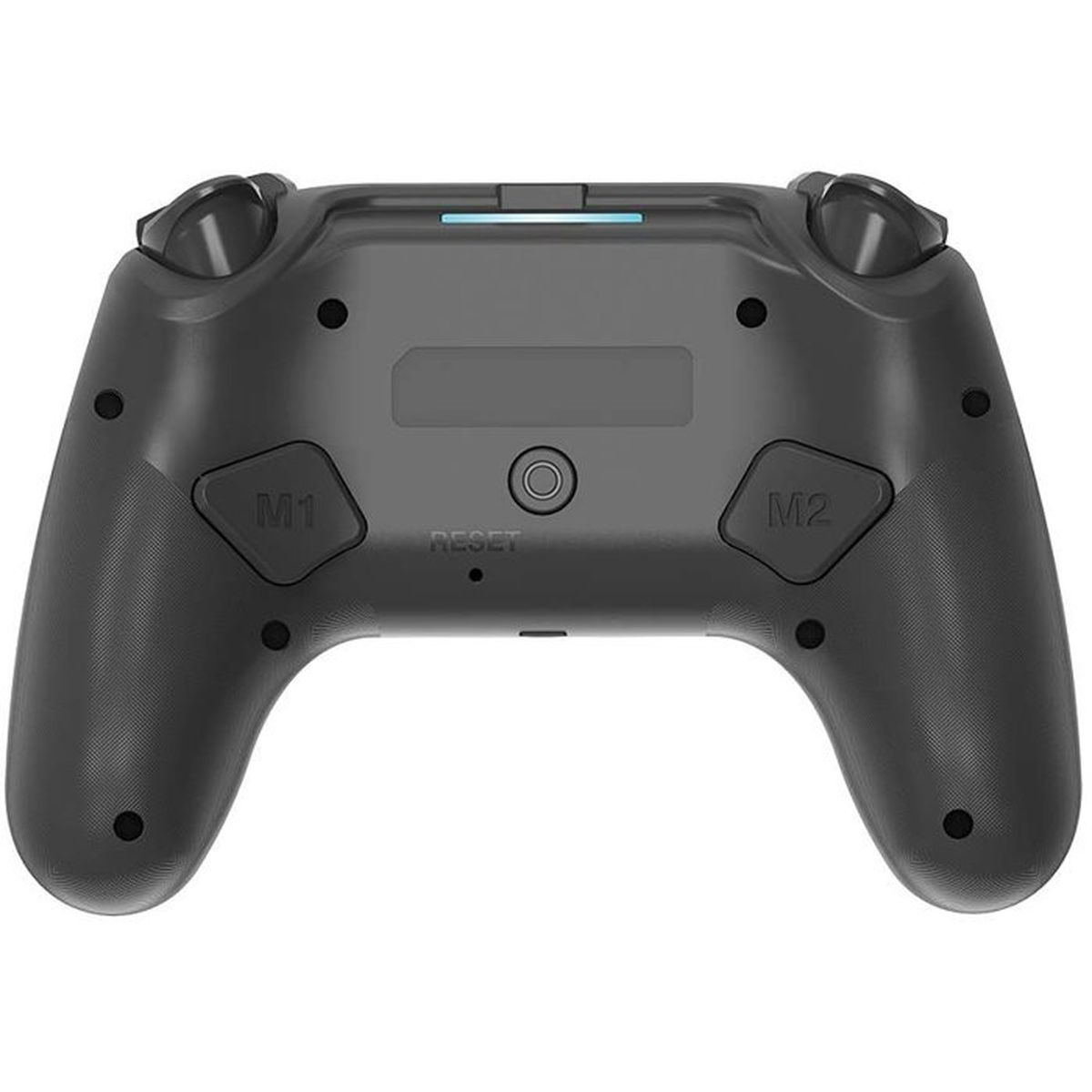 Rückseite eines schwarzen Gamepads mit M1- und M2-Tasten und Reset-Loch.